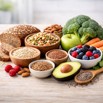 Ein Tisch voller ballaststoffreicher Lebensmittel wie Vollkornbrot, Brokkoli und vieles mehr