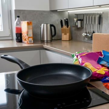 Pfanne mit ungesunden Lebensmitteln in der Küche 