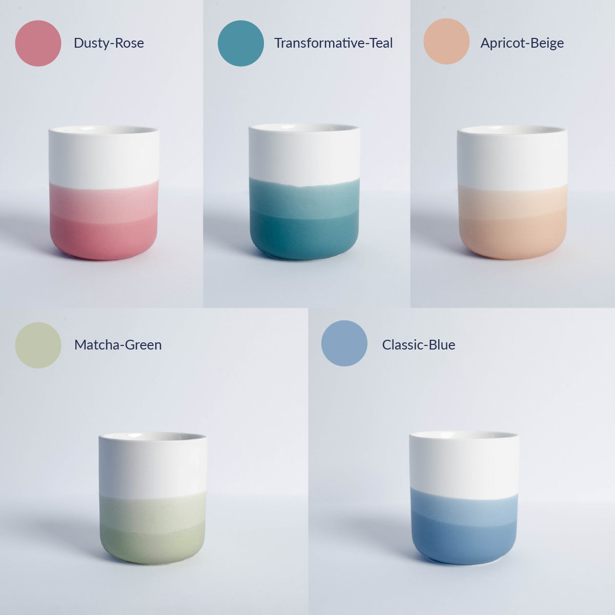 fünf verschiedene Becher mit jeweiliger Farb-Beschreibung