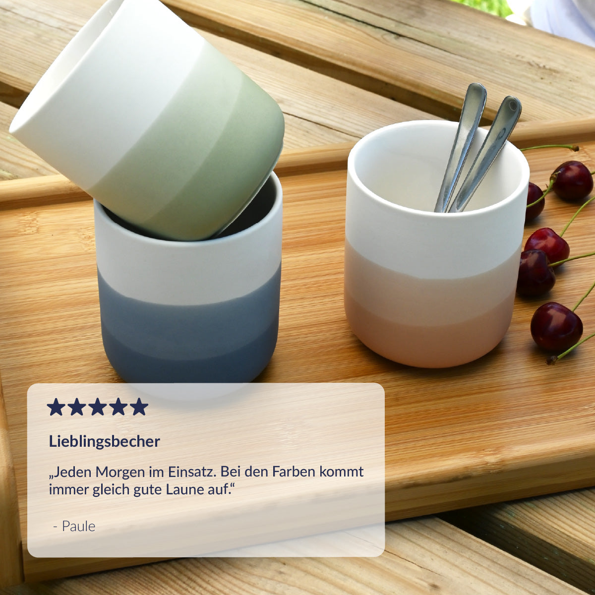 Becher in drei Farben mit Kommentar 