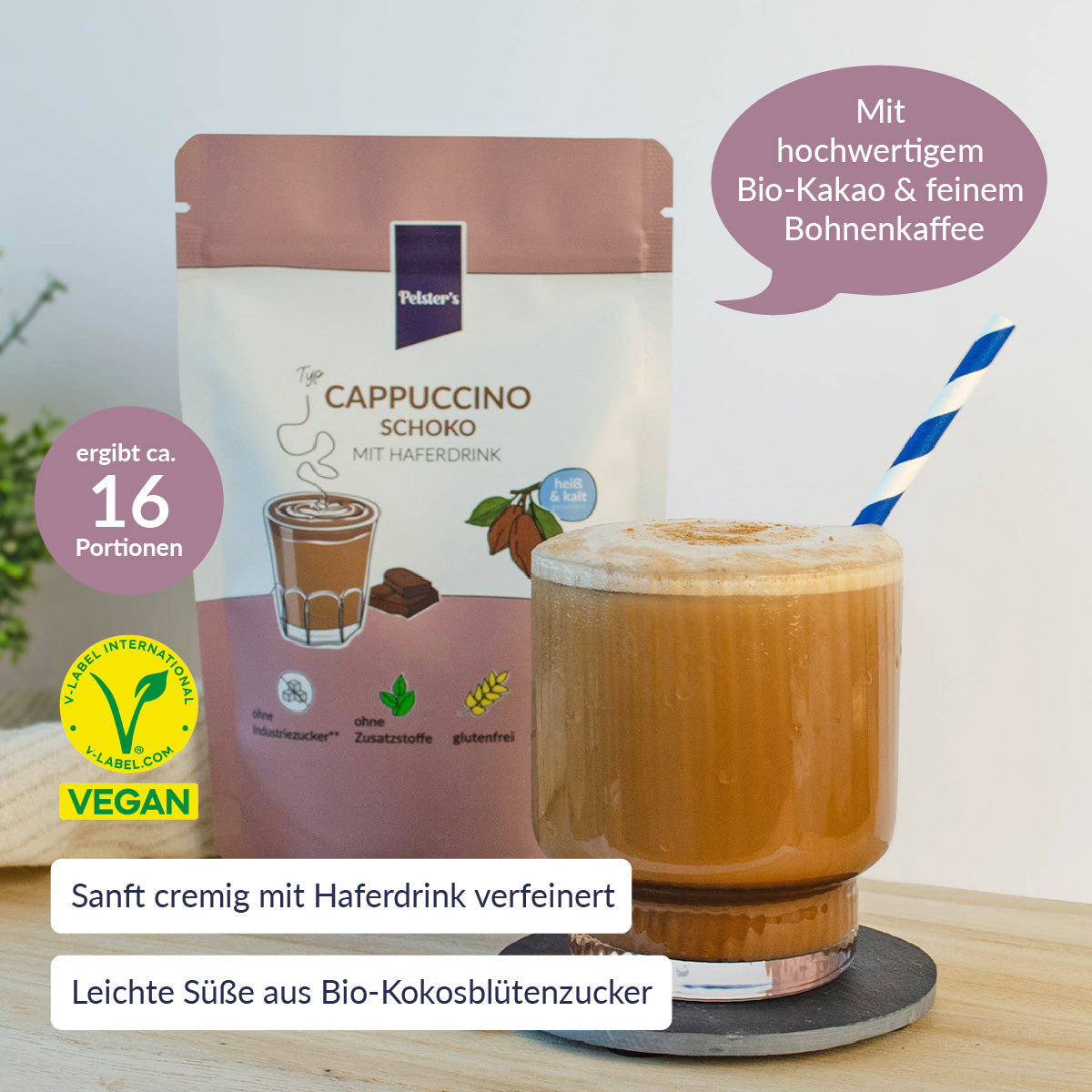 Cappuccino Schoko zubereitet und Beutel mit USPs