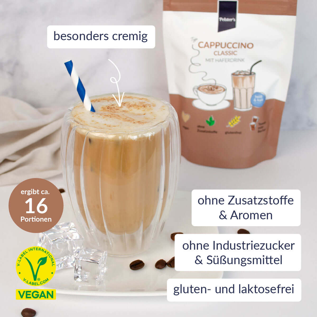 Vanille Cappuccino mit Haferdrink und feinem Bohnenkaffee angerührt und als Pulver - mit echter Bourbon Vanille und USPs