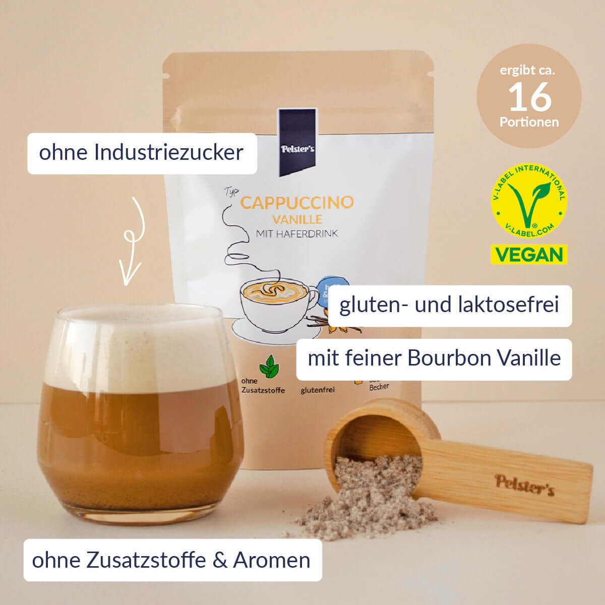 Vanille Cappuccino mit Haferdrink und feinem Bohnenkaffee angerührt und als Pulver - mit echter Bourbon Vanille