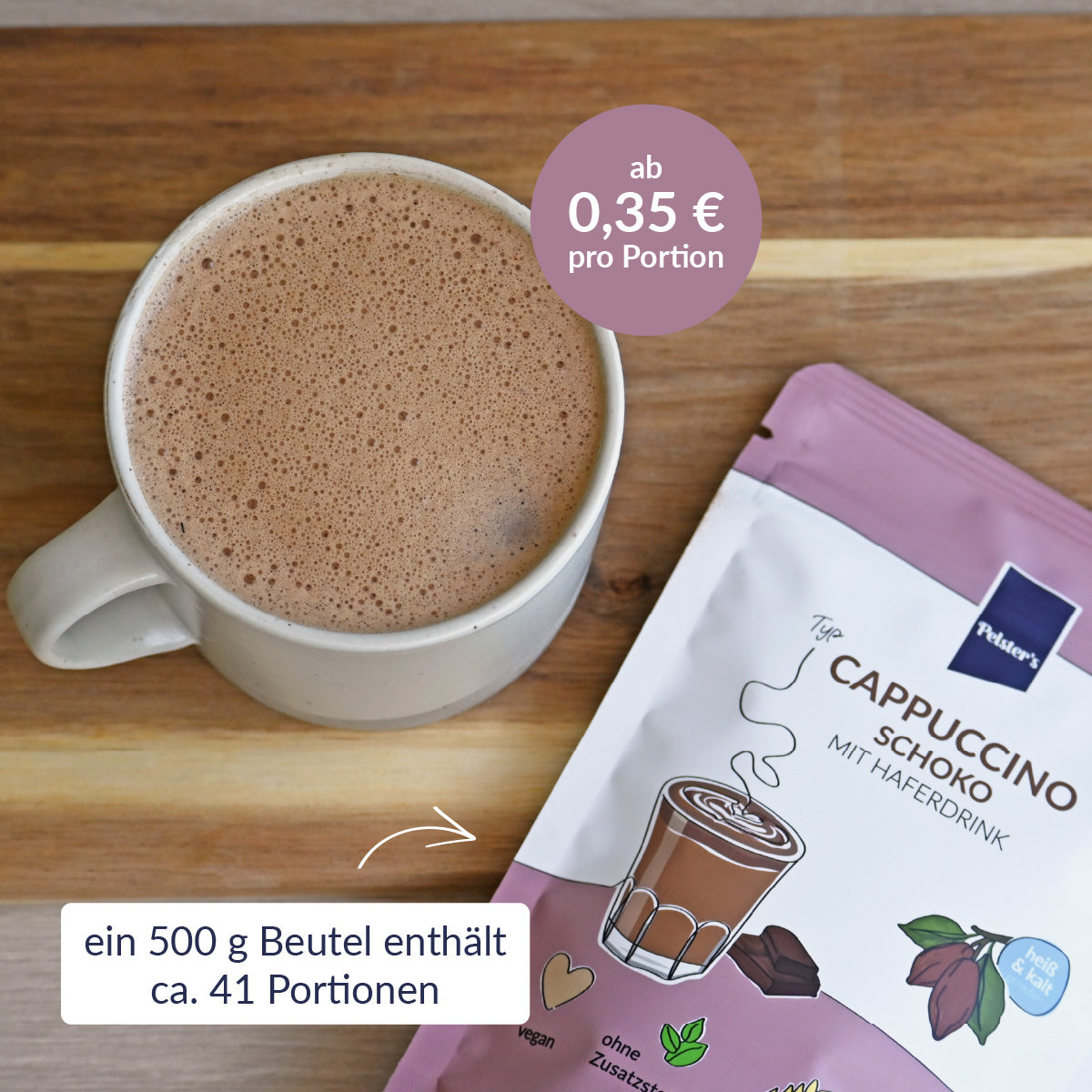 Cappuccino Schoko zubereitet in einer Tasse und 500g Beutel 