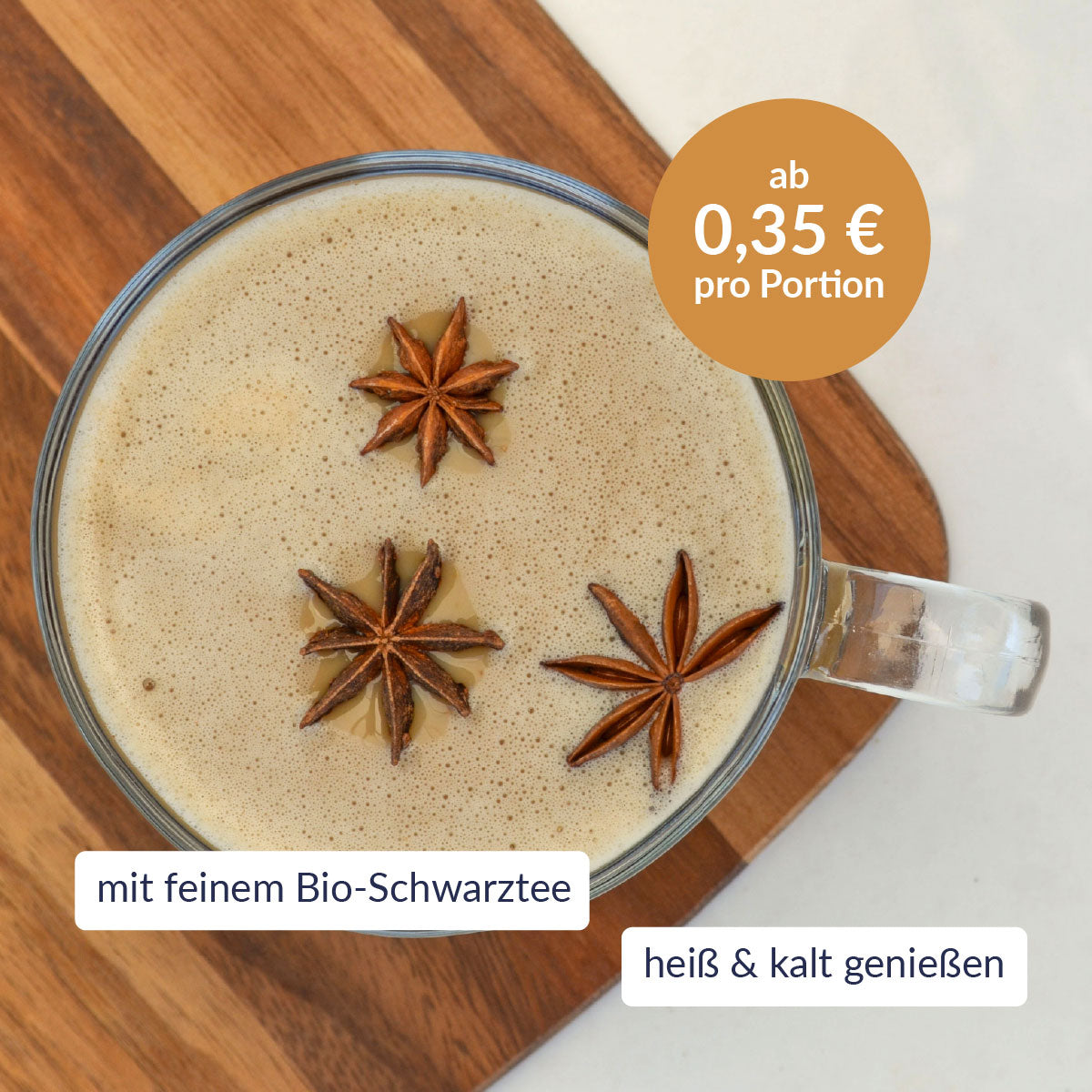 Chai Tee mit Haferdrink zubereitet im Glas  und USPs