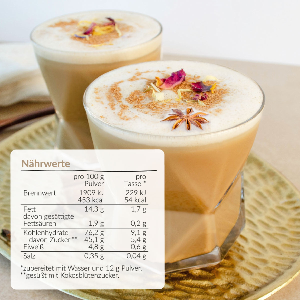 Chai Tee mit Haferdrink zubereitet im Glas  und dessen Nährwerte