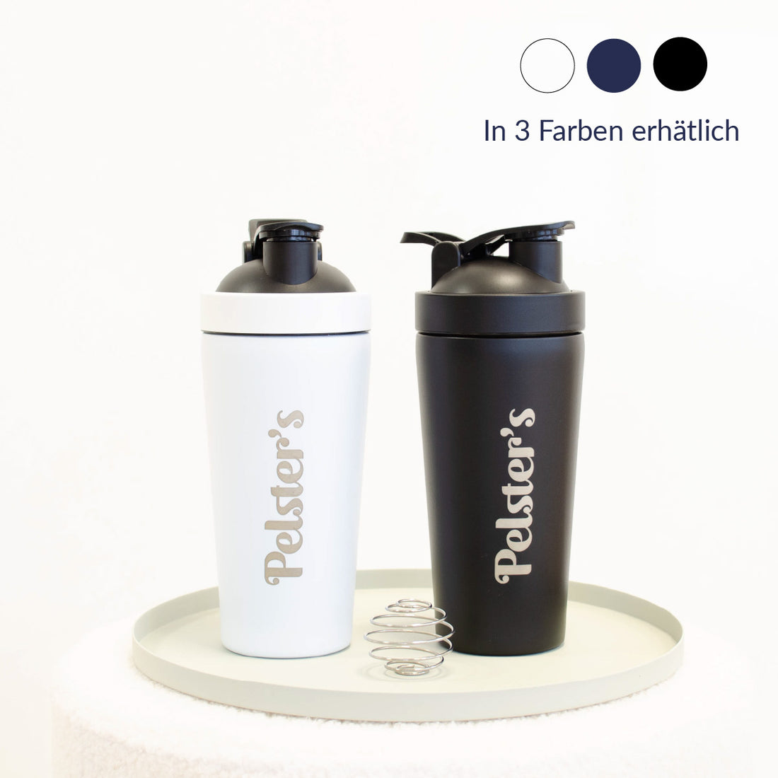 Edelstahlshaker in schwarz und weiß mit Edelstahlkugel 