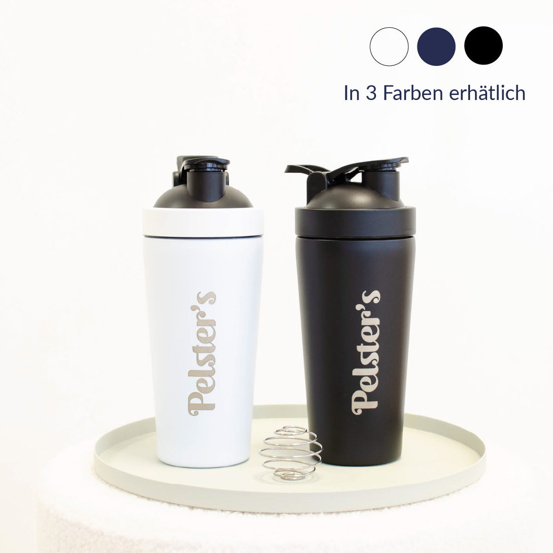 Edelstahlshaker in schwarz und weiß mit Edelstahlkugel 