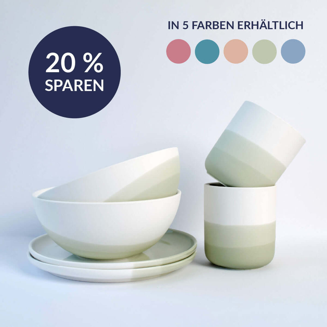 Großes Ombré Frühstücksset aus Porzellan in trendigen Farben mit 20% sparen.