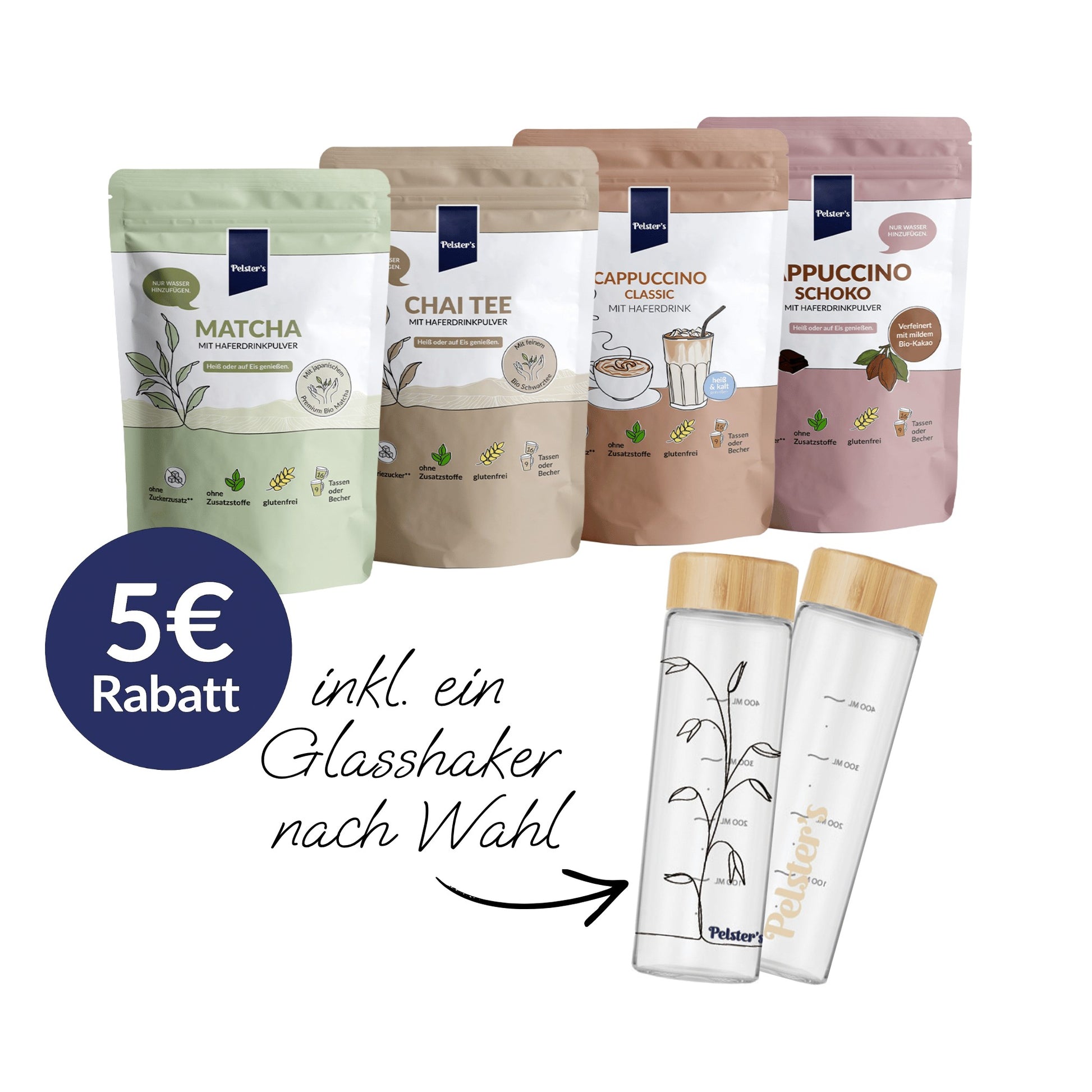 Cappuccino Classic, Schoko und Matcha und Chai im Bundle inklusive Glasshaker nach Wahl 