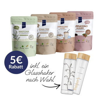 Cappuccino Classic, Schoko und Matcha und Chai im Bundle inklusive Glasshaker nach Wahl 