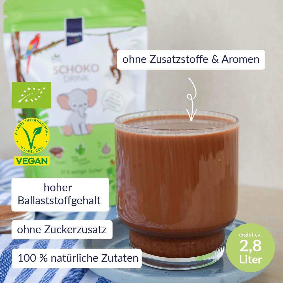 Bio Schokodrink im Glas, vegan und ohne Zusatzstoffe und ohne Zuckerzusatz