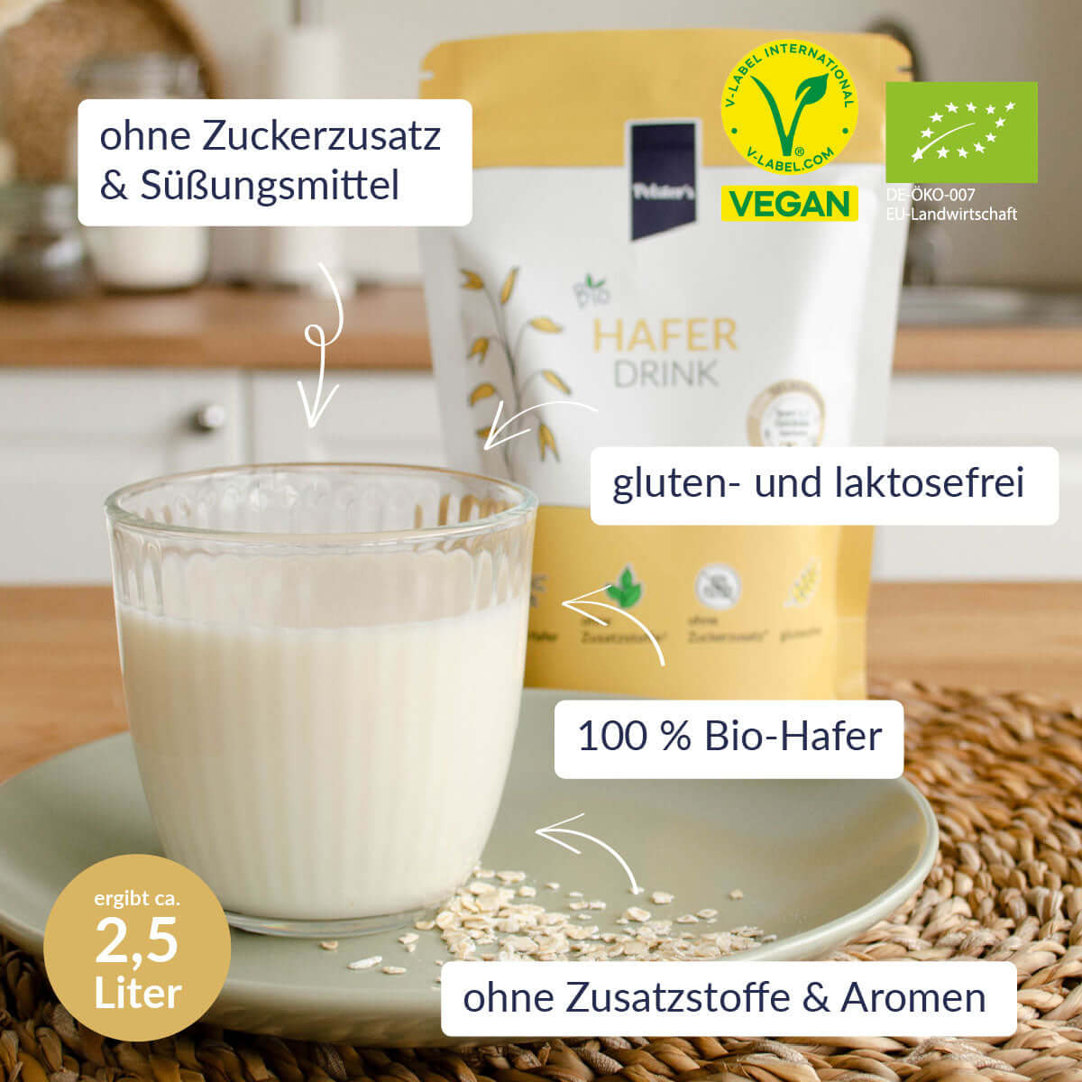 Bio Haferdrink im Glas und USPs 