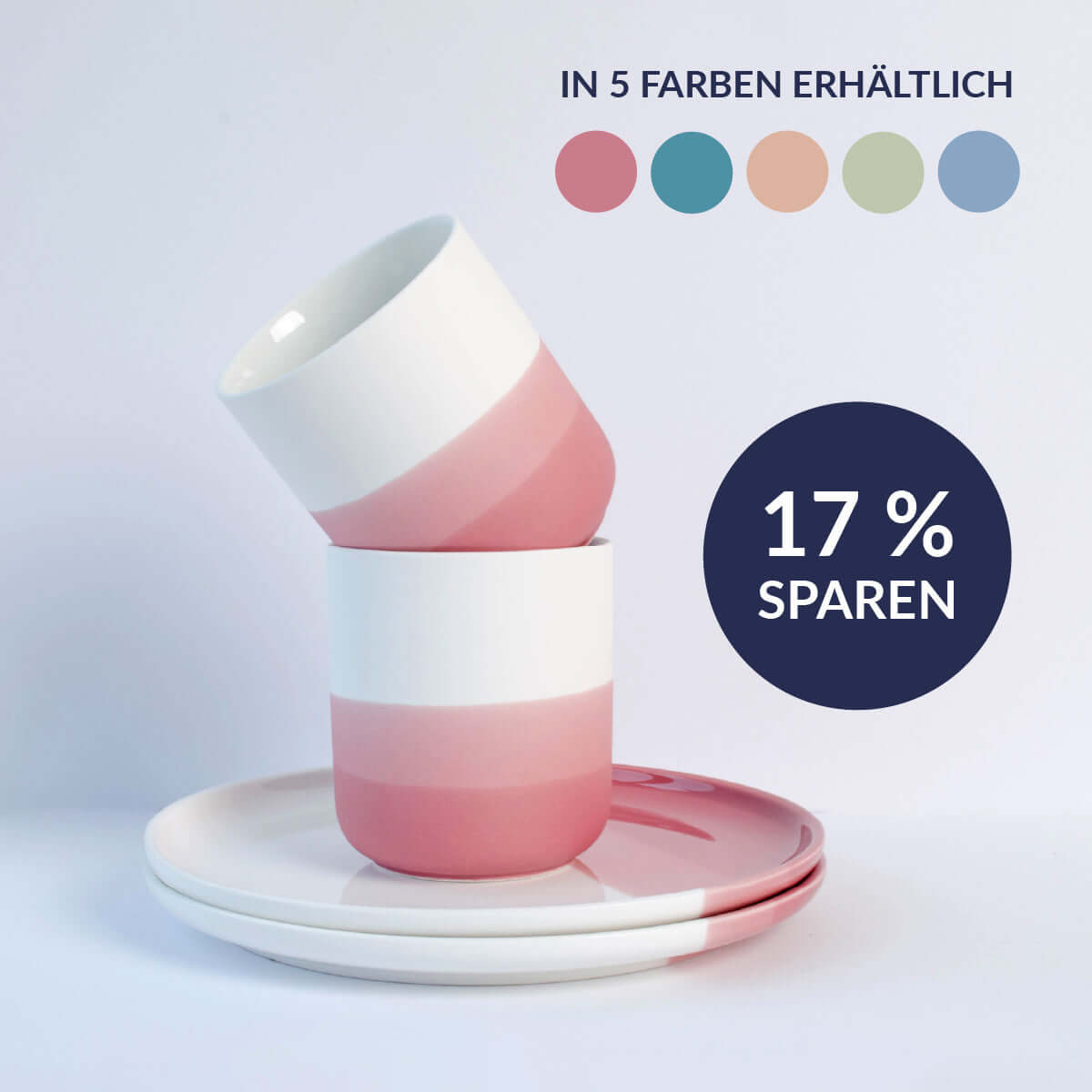 Kleines Ombré Frühstücksset aus Porzellan mit rosa Tassen und Tellern in 5 Trendfarben erhältlich.