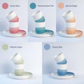 Ombré Frühstücksset aus Porzellan in fünf Trendfarben: apricot-beige, matcha-green, classic-blue, transformative-teal und dusty-rose.