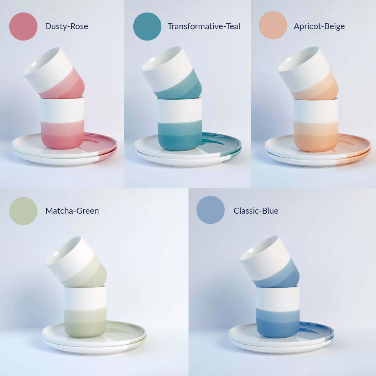 Ombré Frühstücksset aus Porzellan in fünf Trendfarben: apricot-beige, matcha-green, classic-blue, transformative-teal und dusty-rose.