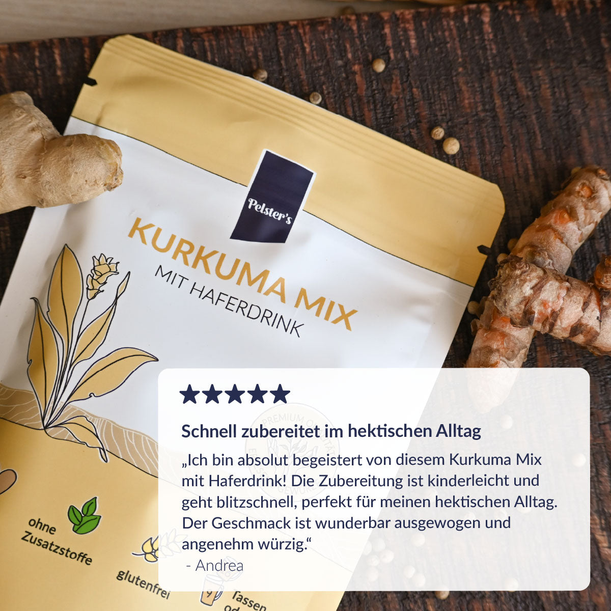 Kurkuma Mix mit Haferdrink zubereitet im Glas mit positivem Kommentar