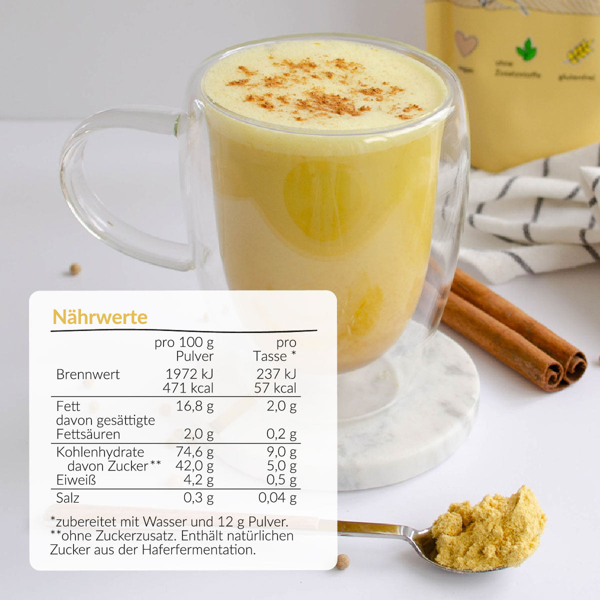 Kurkuma Mix mit Haferdrink zubereitet im Glas mit Nährwerten