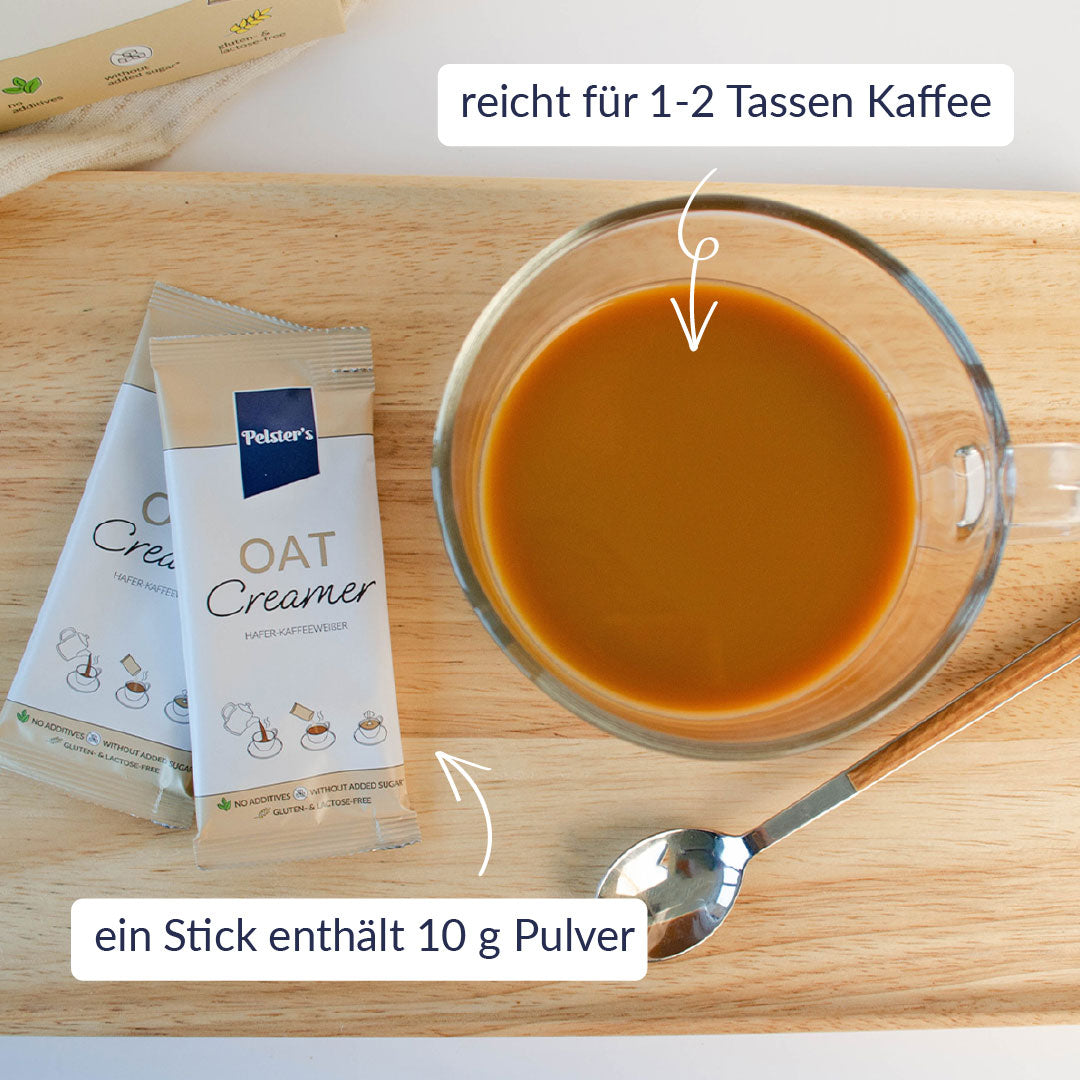 Oat Creamer Sticks neben einer Tasse Kaffee  mit USPs