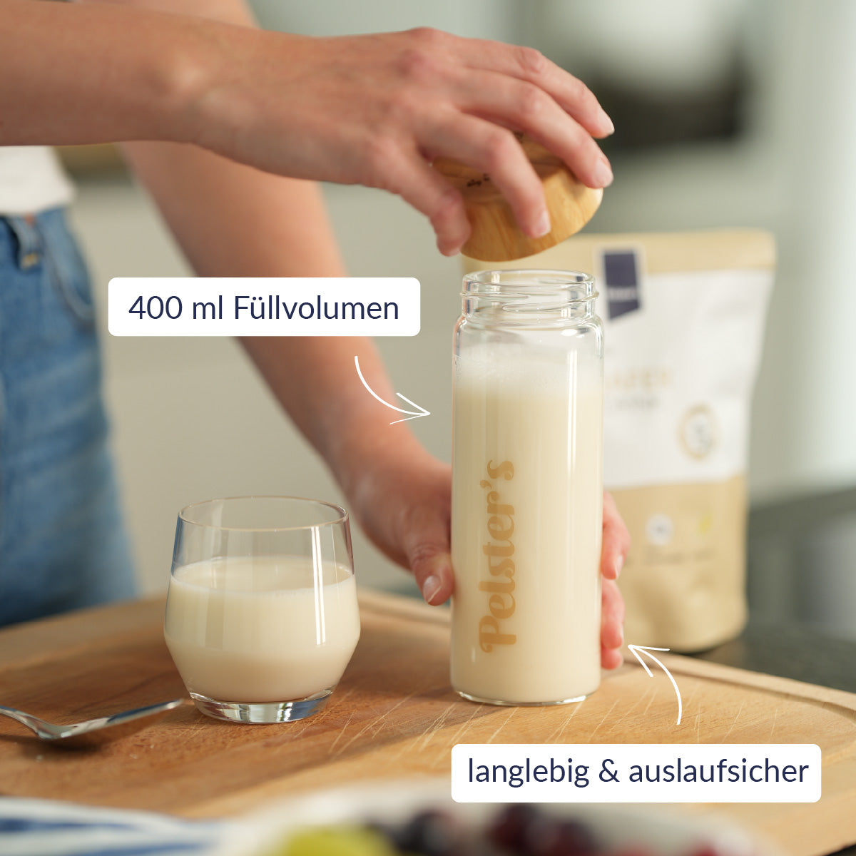 Pelster's Glasshaker und Haferdrink in einem Glas und USPs