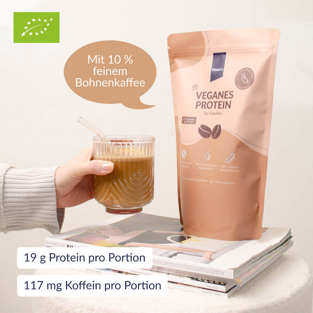 Veganes Proteinpulver Typ Eiskaffee mit 10% feinem Bohnenkaffee und EU-Bio-Siegel