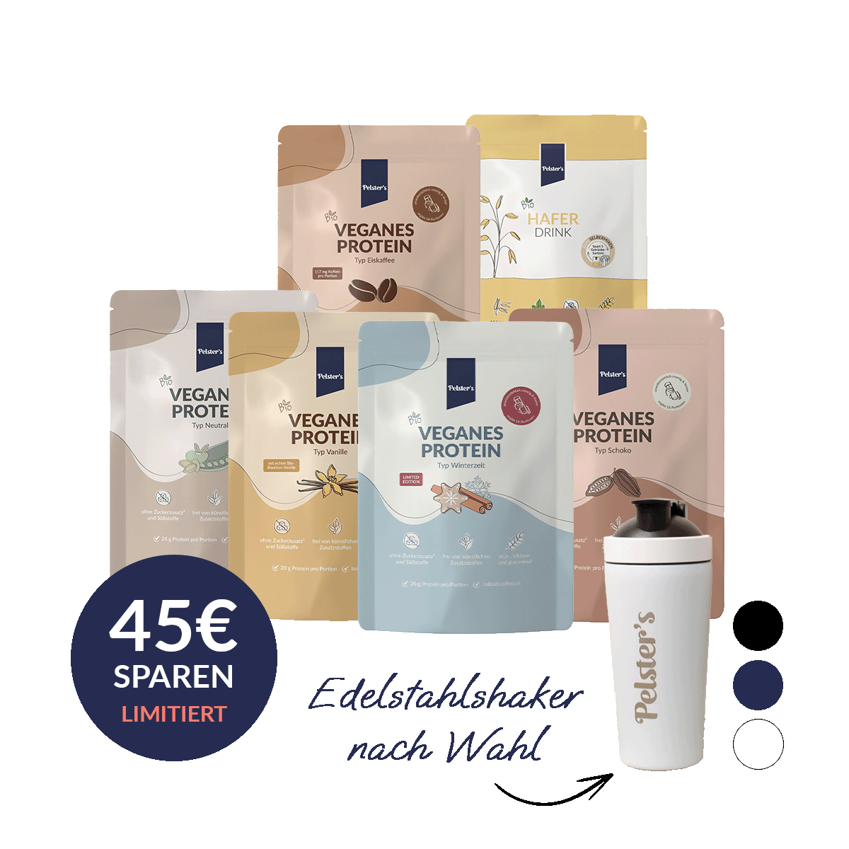 Pelsters limitiertes Protein Bundle 45€ sparen inkl. Edelstahlshaker