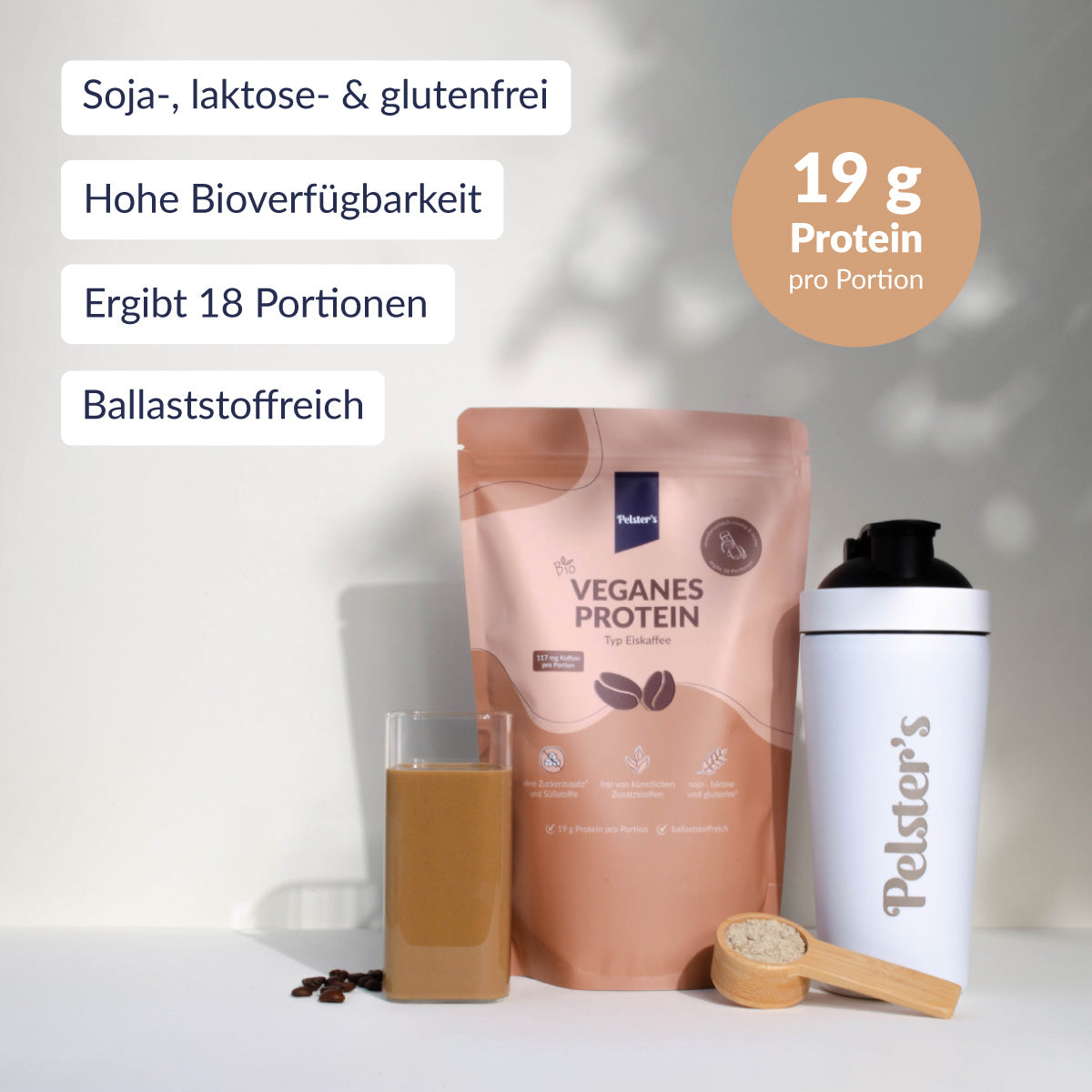 Pelster's vegane Proteinpulver mit gefülltem Glas, Edelstahlshaker und USPs und 19 g Protein pro Portion