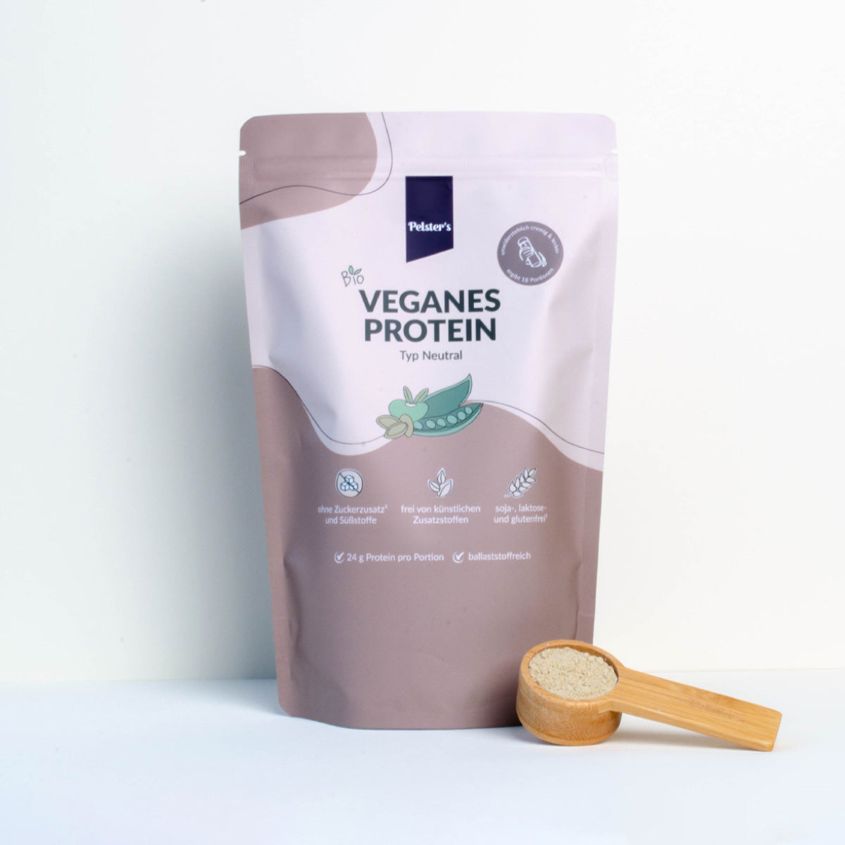 Veganes Proteinpulver Neutral mit gefülltem Löffel