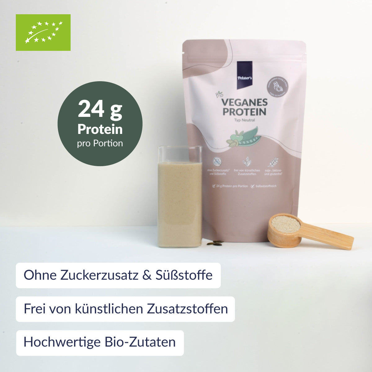 Veganes Proteinpulver Neutral mit gefülltem Glas, EU-Bio-Siegel und USPs
