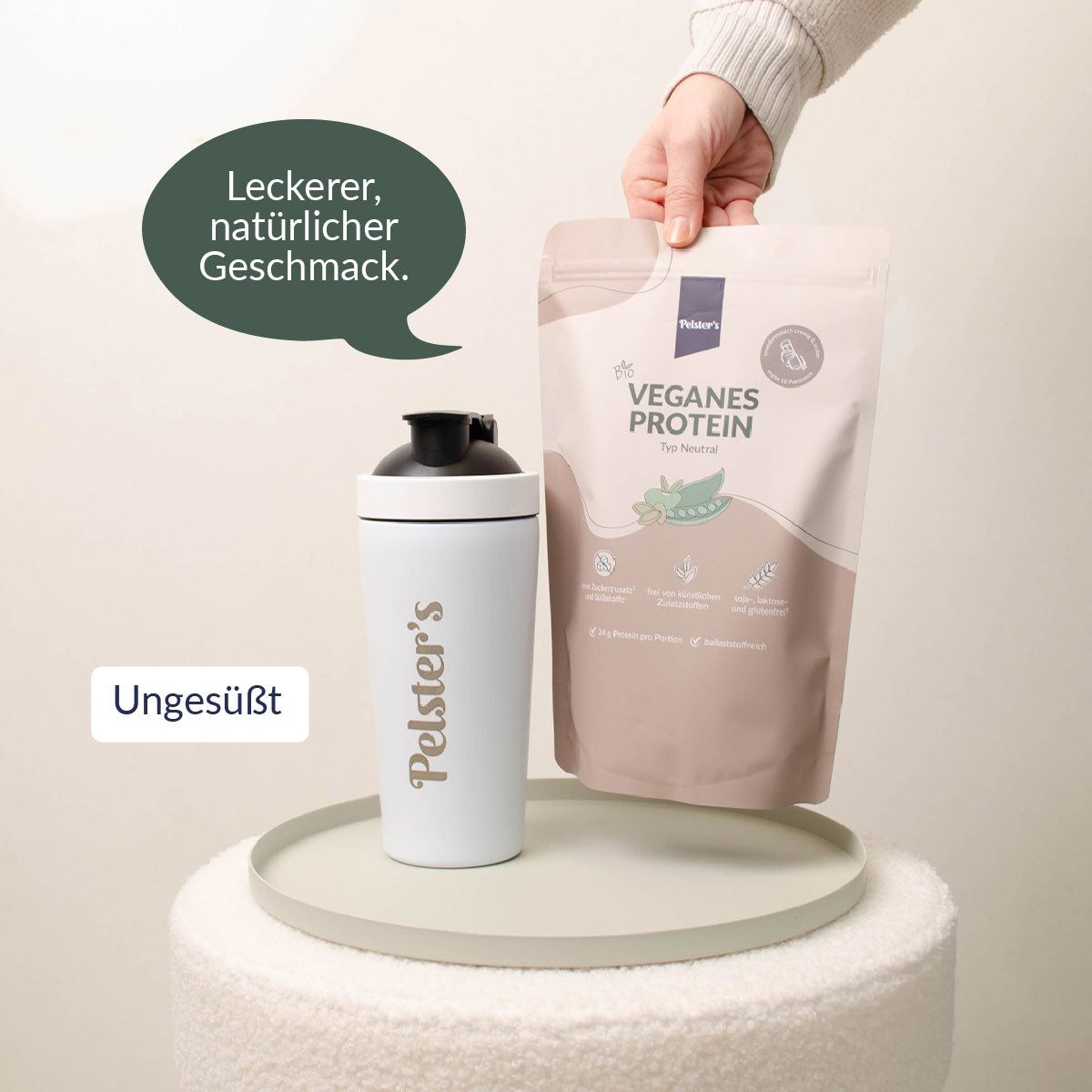 Veganes Proteinpulver Neutral mit Edelstahlshaker und USPs