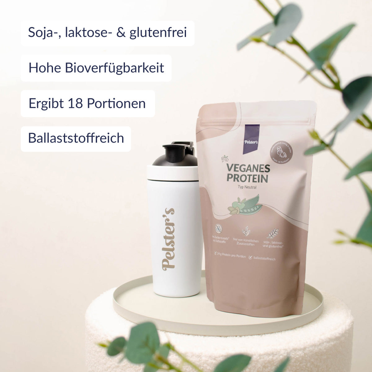 Veganes Proteinpulver Neutral mit Edelstahlshaker und USPs