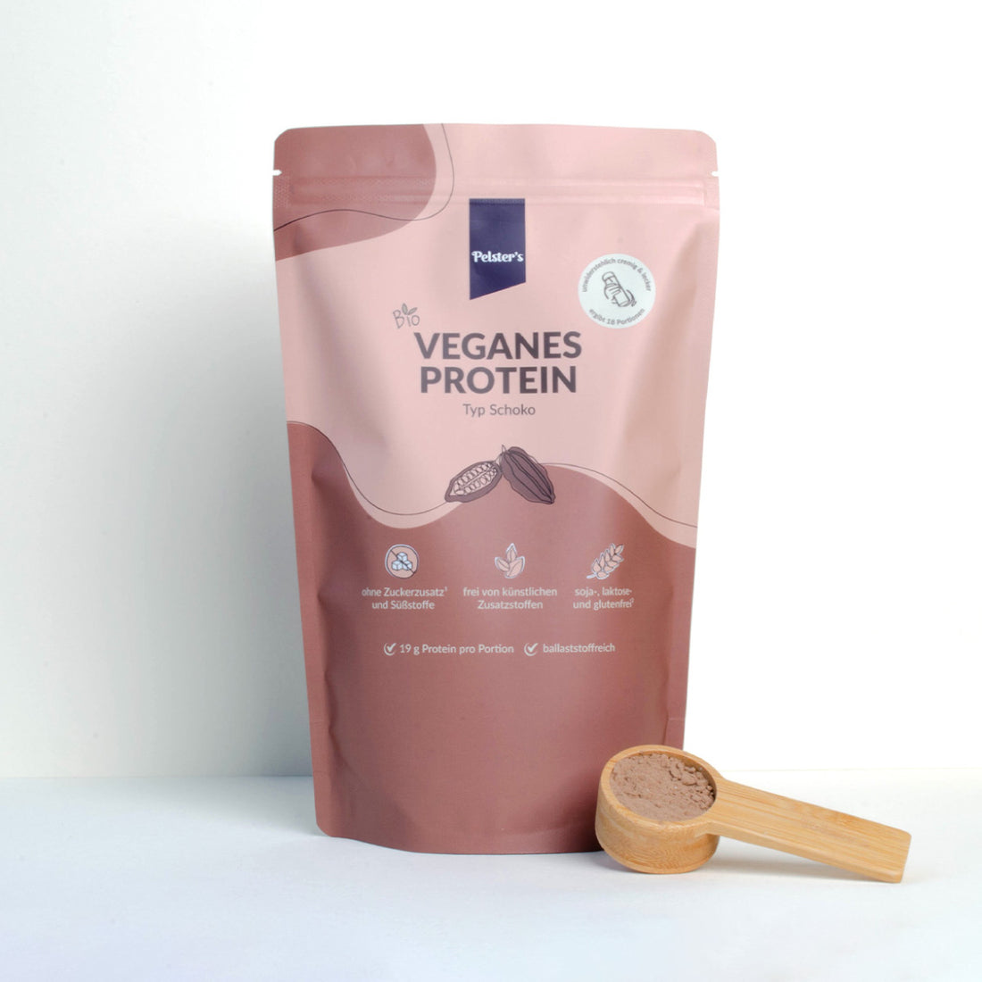 Veganes Proteinpulver Schoko mit Pulver im Löffel