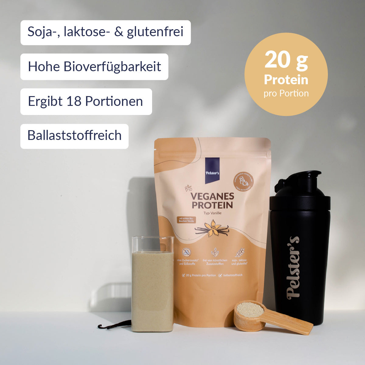 Veganes Proteinpulver Vanille mit USPs, Edelstahlshaker und vollem Glas