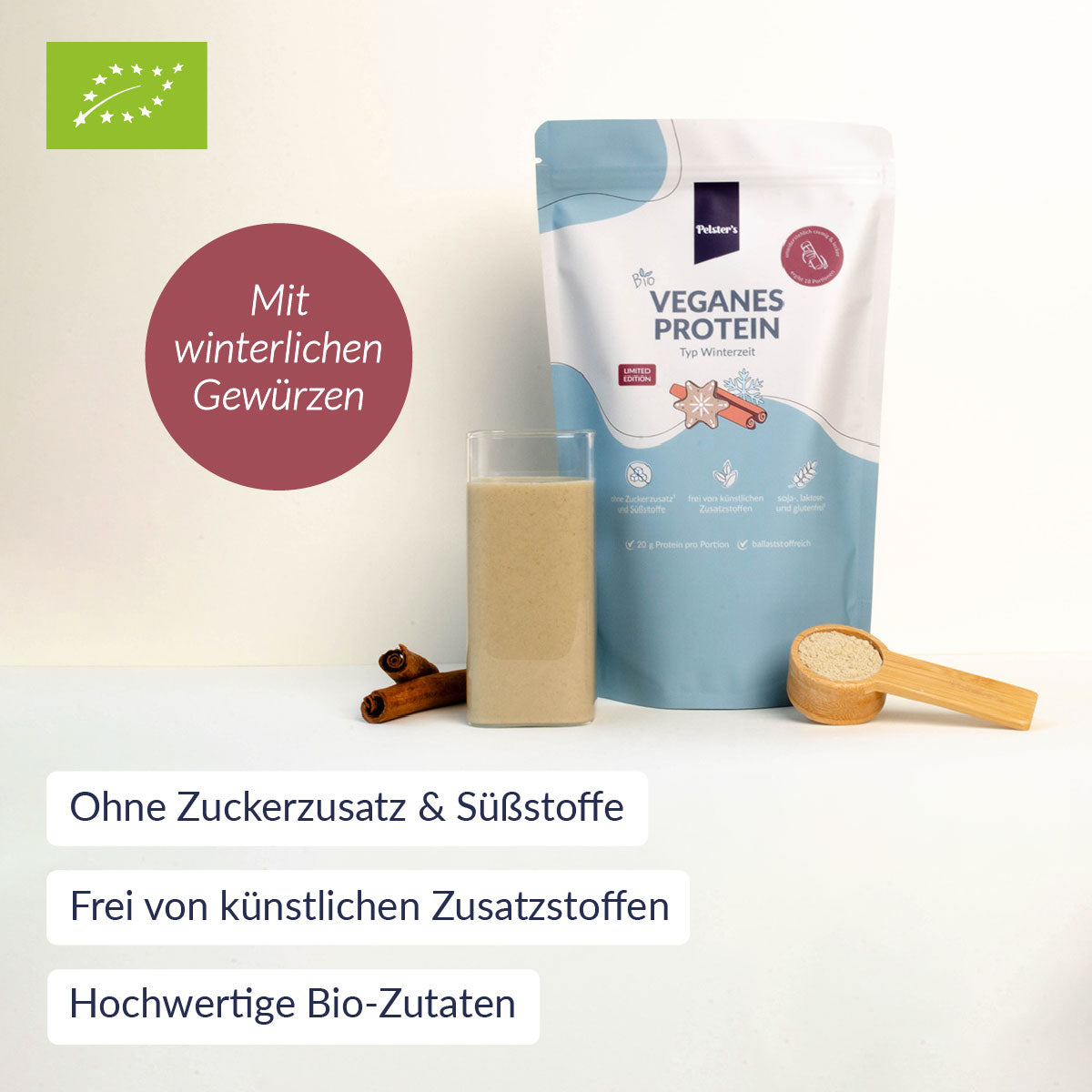 Veganes Proteinpulver Winter mit USPs, vollem Glas und EU-Bio-Siegel