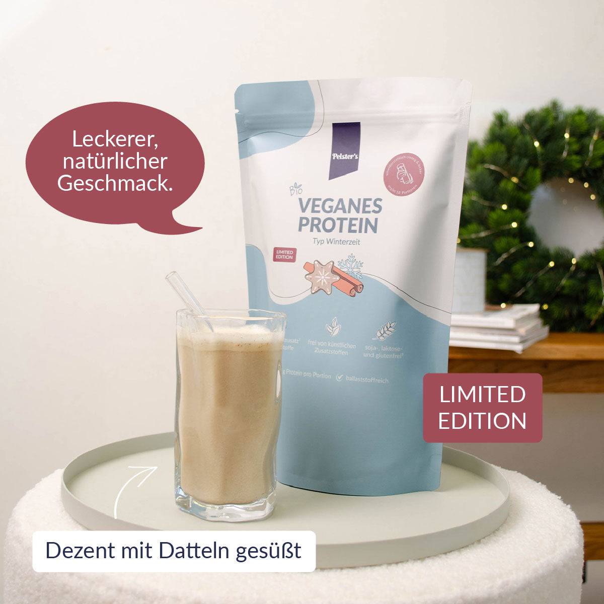 Veganes Proteinpulver Winter mit USPs und vollem Glas und der Schrift "Limited Edition" und "Leckerer, natürlicher Geschmack"