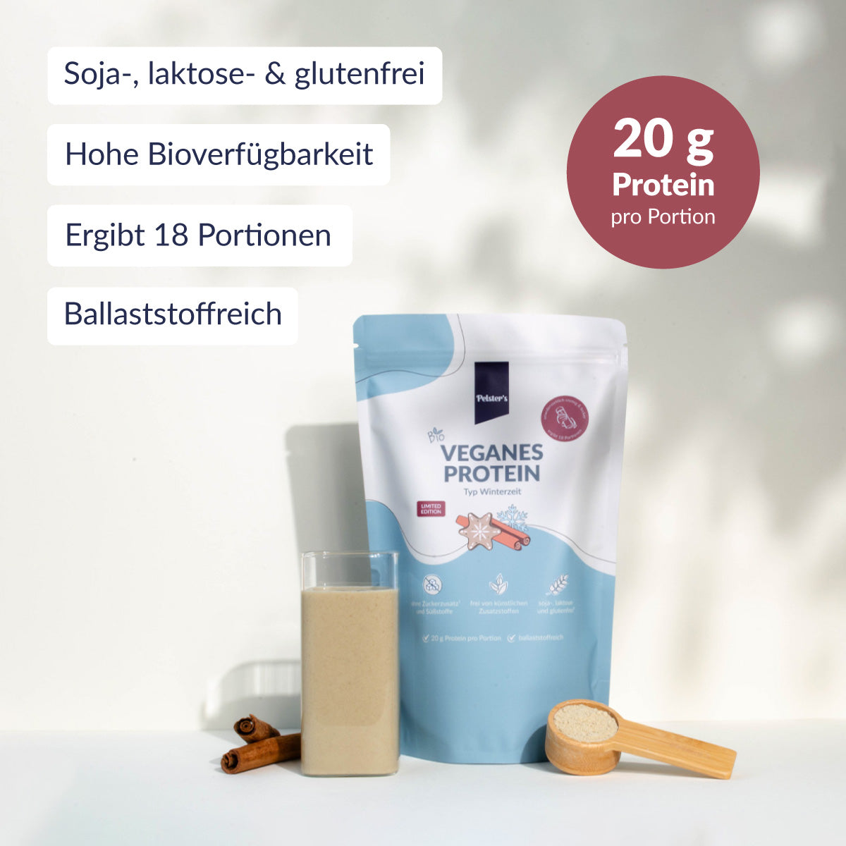 Veganes Proteinpulver Winter mit USPs und vollem Glas