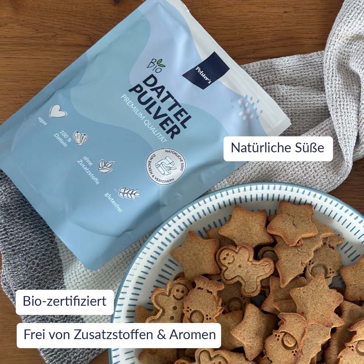 Pelster's Bio Dattelpulver neben nährstoffreichen Keksen und USPs