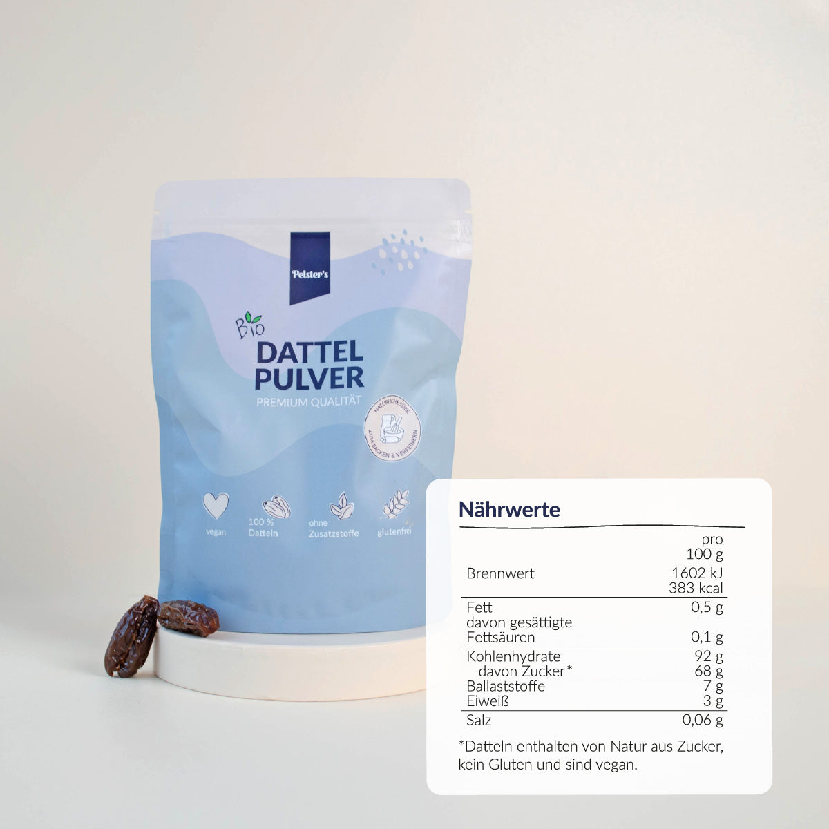 Pelster's Bio Dattelpulver mit Nährwerten