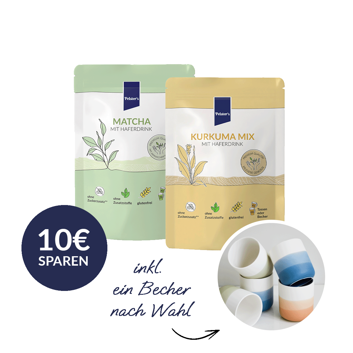 Glow Bundle mit Matcha mit Haferdrink und Kurkuma Mix und 10€ sparen auf einem Becher mit der Farbe seiner Wahl