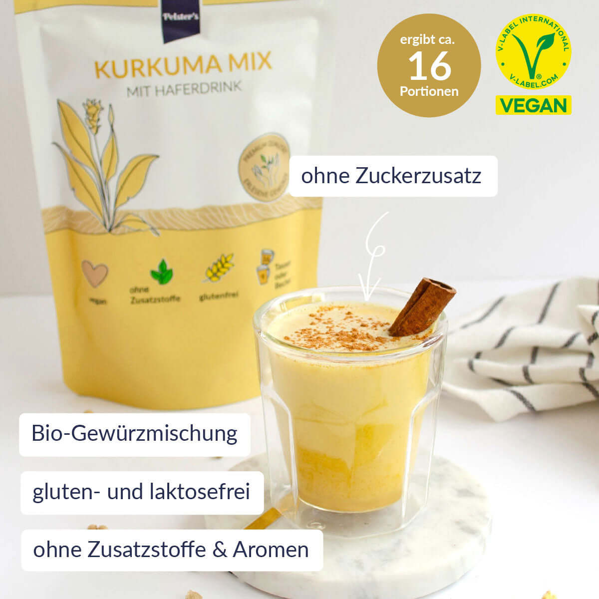 Kurkuma Mix mit Haferdrink, vegan, ohne Zuckerzusatz, gluten- und laktosefrei, Bio-Gewürzmischung, 16 Portionen