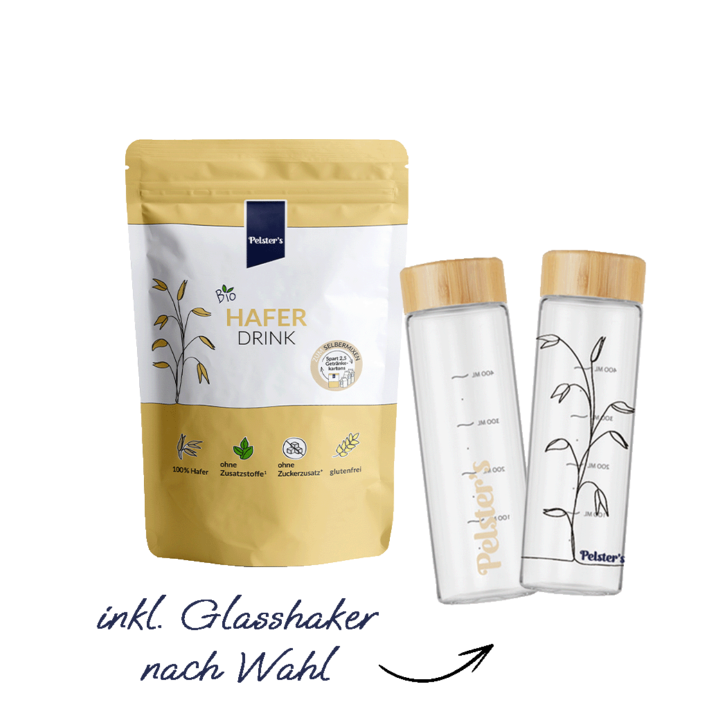 pelsters bio haferdrink starterbundle mit bio haferdrink  250g und glasshaker nach wahl 