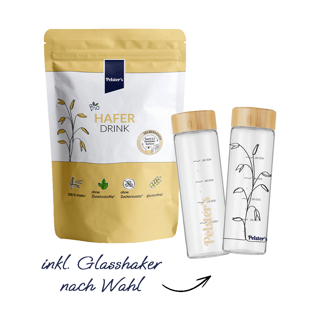 pelsters bio haferdrink starterbundle mit bio haferdrink  500g und glasshaker nach wahl 