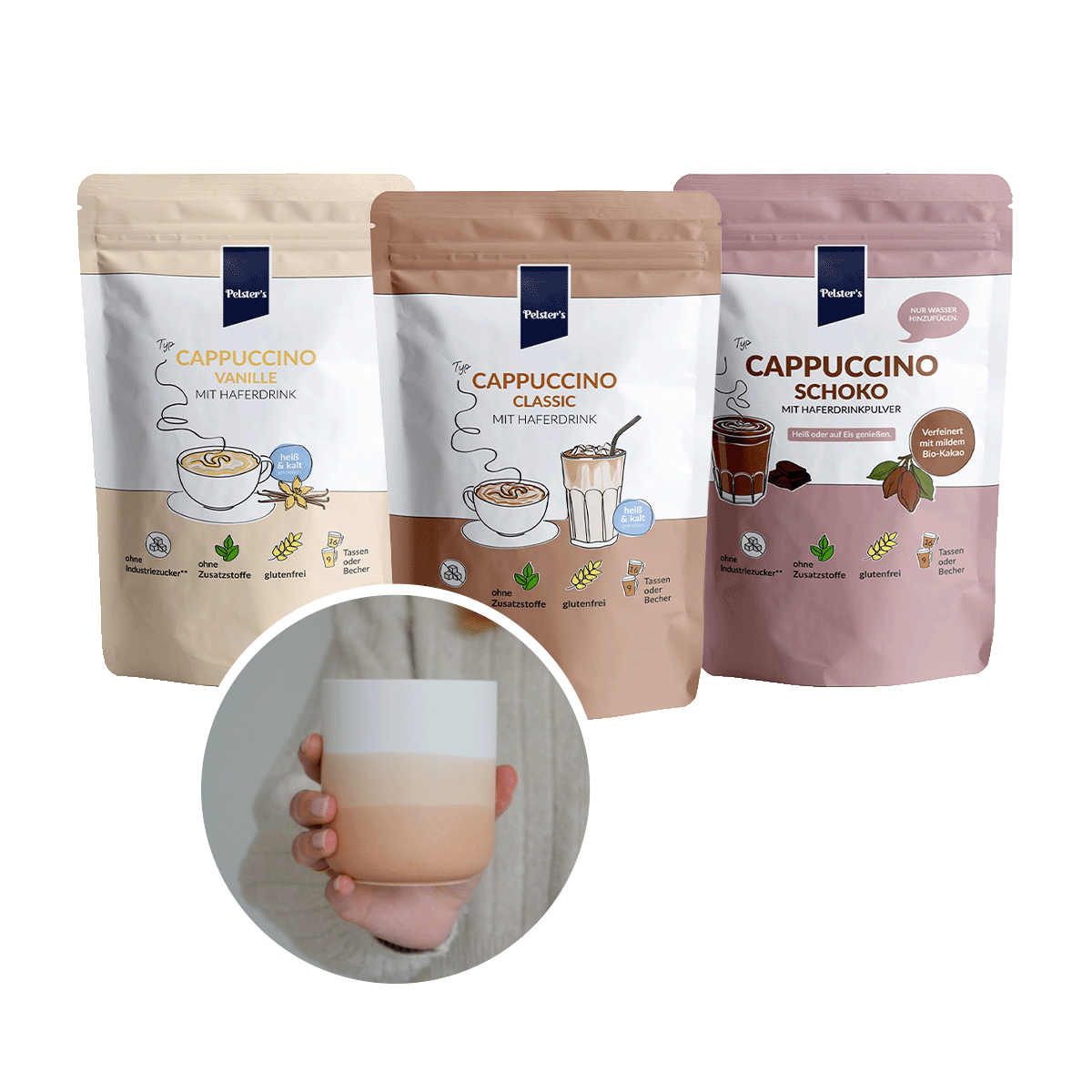 pelsters Cappuccino liebe bundle mit Cappuccino Vanille, Cappuccino Classic, Cappuccino Schoko und einem Becher apricot und 5€ sparen