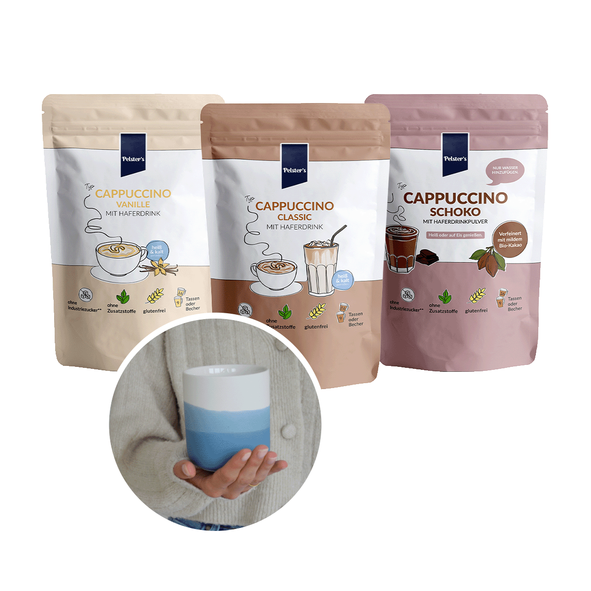 pelsters Cappuccino liebe bundle mit Cappuccino Vanille, Cappuccino Classic, Cappuccino Schoko und einem Becher blau und 5€ sparen