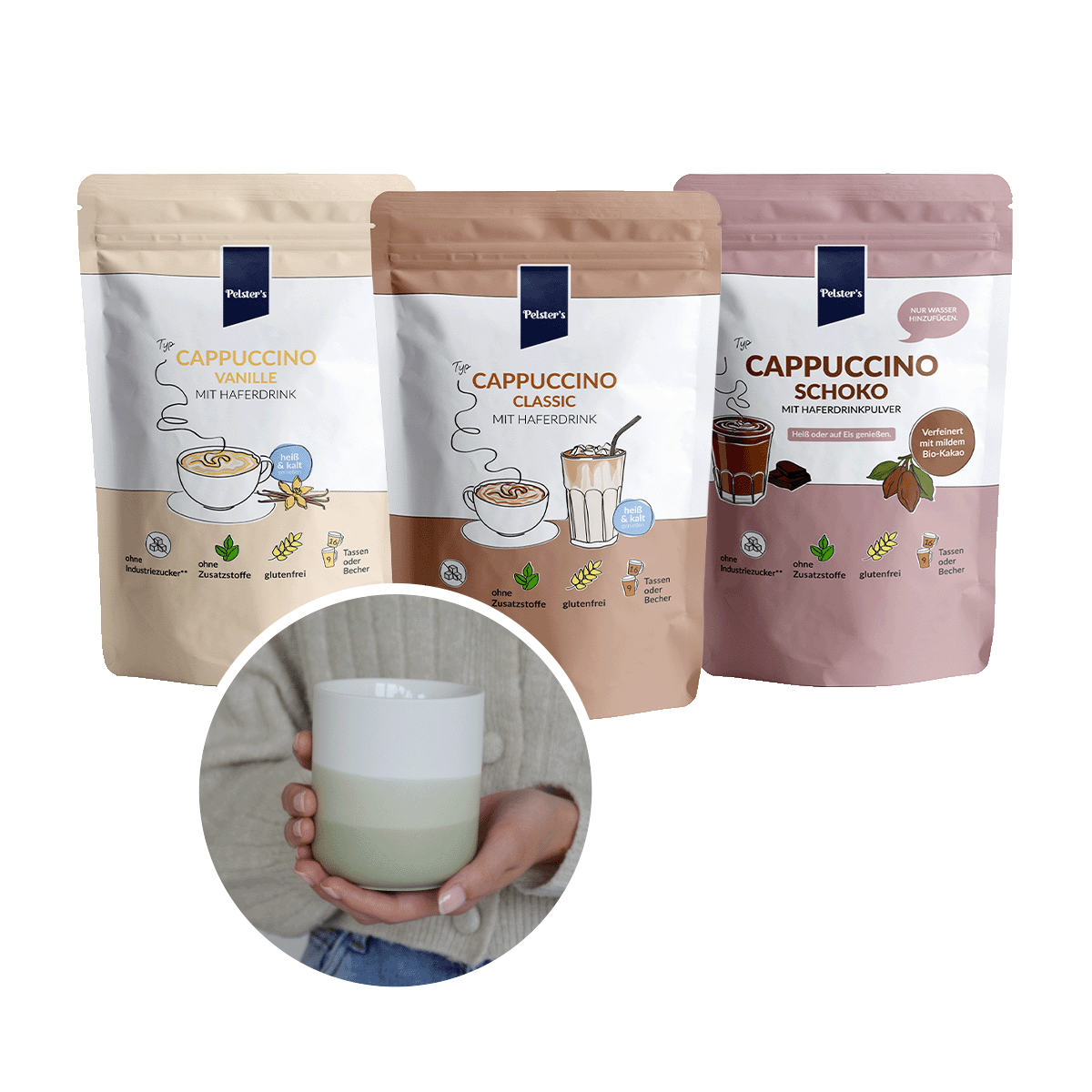pelsters Cappuccino liebe bundle mit Cappuccino Vanille, Cappuccino Classic, Cappuccino Schoko und einem Becher grün und 5€ sparen