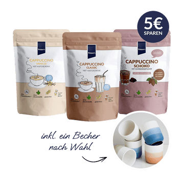 pelsters Cappuccino liebe bundle mit Cappuccino Vanille, Cappuccino Classic, Cappuccino Schoko und einem Becher nach Wahl und 5€ sparen