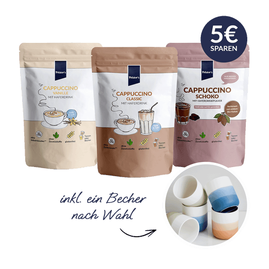 pelsters Cappuccino liebe bundle mit Cappuccino Vanille, Cappuccino Classic, Cappuccino Schoko und einem Becher nach Wahl und 5€ sparen