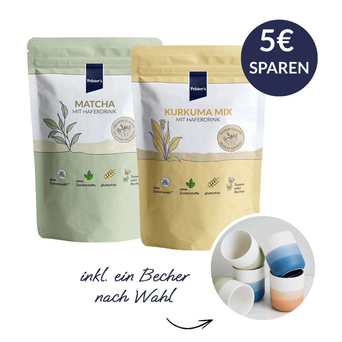 pelsters glow and balance bundle mit matcha 500 g und kurkuma mix 500 g und einem Becher nach Wahl