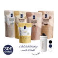 pelsters großes Probierset mit veganem protein typ vanille, schoko, eiskaffee, neutral, bio haferdrink und einem edelstahlshaker nach Wahl und 30€ sparen