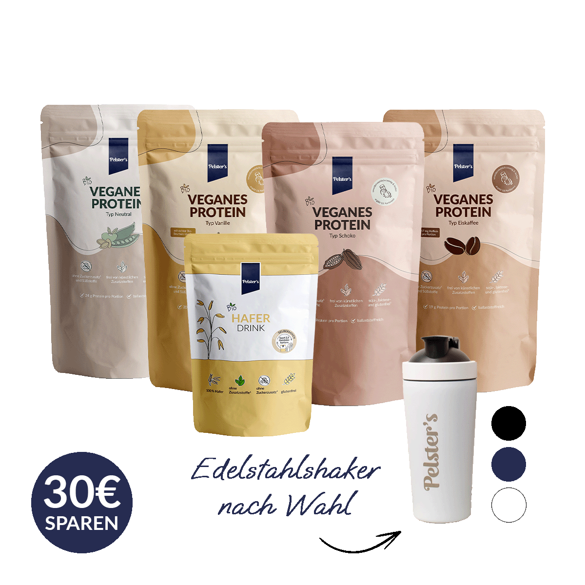 pelsters großes Probierset mit veganem protein typ vanille, schoko, eiskaffee, neutral, bio haferdrink und einem edelstahlshaker nach Wahl und 30€ sparen